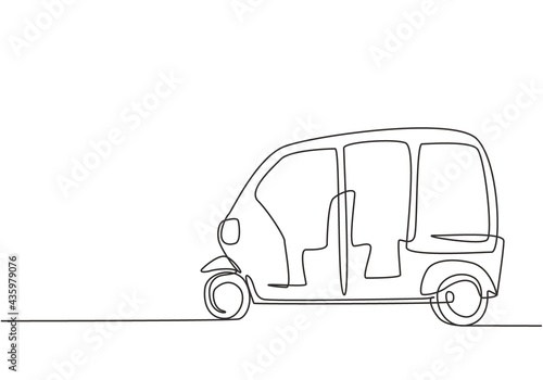 Continuous one line drawing from the side, Rickshaw is a traditional transportation in India which is still operating until now serving passengers. Single line draw design vector graphic illustration.