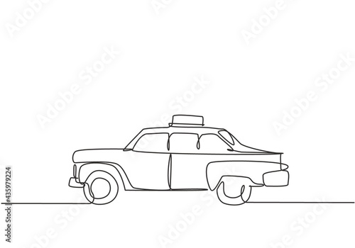 Continuous one line drawing old taxi cars that are still operating serve passengers to get around to historical places. Vintage holiday facilities. Single line draw design vector graphic illustration.