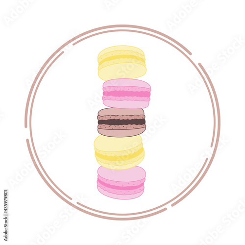 Round frame with stack of colored macaroons on a white background. French sweet pastries and dessert. Vector illustration for bakery, pastry shop, confectionery, packaging, wrapper, signboard, emblem