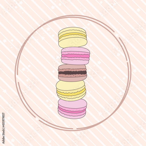 Round frame with stack of colored macaroons on a pink striped background with small stars. French sweet pastries and dessert. Vector illustration for bakery, pastry shop, confectionery and packaging