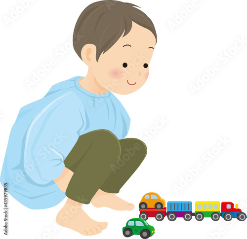 Vector illustration of kindergarten children playing with train toys