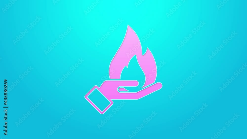 Pink line Hand holding a fire icon isolated on blue background. Insurance concept. Security, safety, protection, protect concept. 4K Video motion graphic animation Pink line Hand holding a fire icon isolated on blue background. Insurance concept. Security, safety, protection, protect concept. 4K Video motion graphic animation