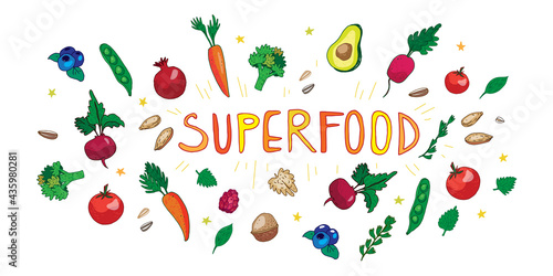 Superfood banner with vegetables, flakes, greens, fruits, berries, nuts. Vector illustration with superfood products set on white isolated background, good for banner, flyer, web page, headline.