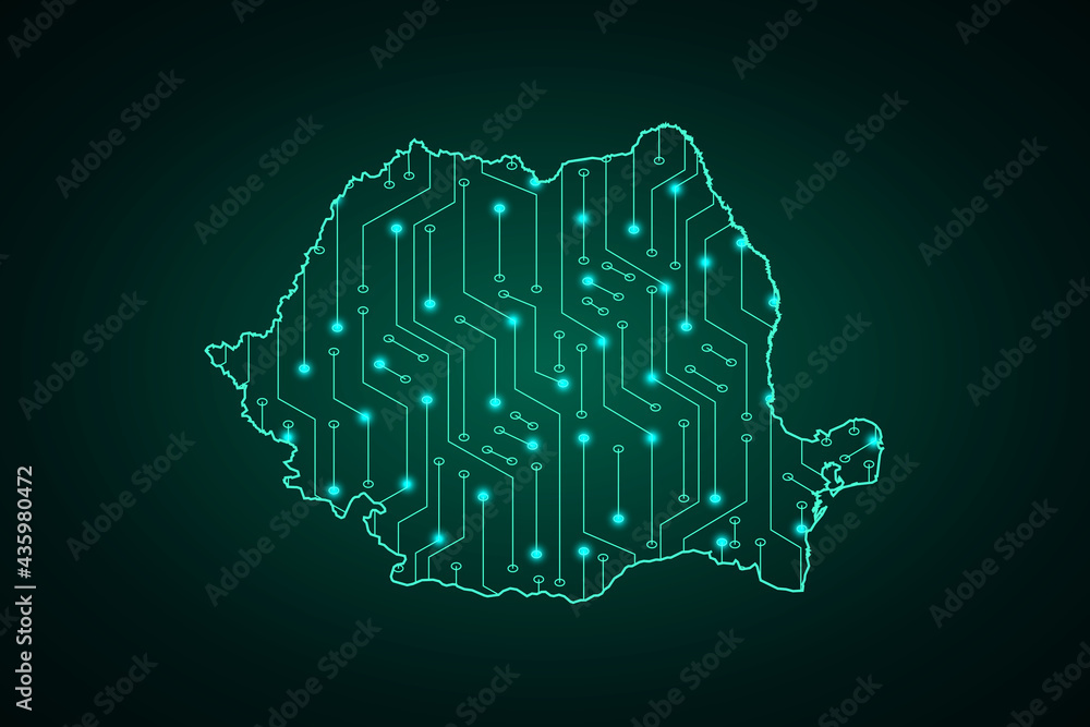 Map of Romania, network line, design sphere, dot and structure on dark background with Map Romania, Circuit board. Vector illustration. Eps 10 Map of Romania, network line, design sphere, dot and structure on dark background with Map Romania, Circuit board. Vector illustration. Eps 10