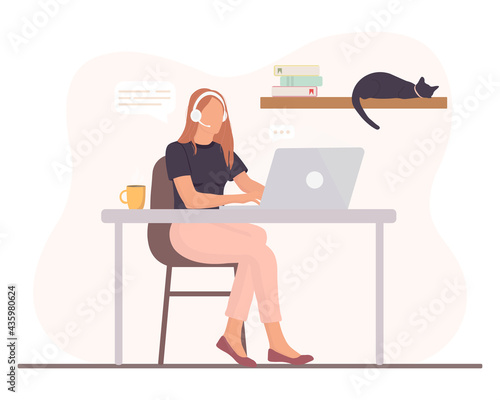 Woman is working  at the desktop with a laptop and headphones with microphone. Concept illustration for support, assistance, call center. Vector illustration in cartoon style