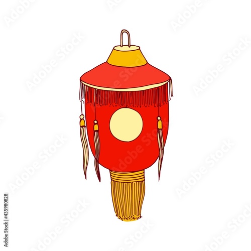 Chinese paper lantern with fringe and sun symbol. Hanging street lamp with lo...