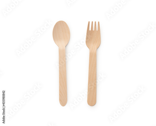 Wood paper spoon with fork on isolated white background 