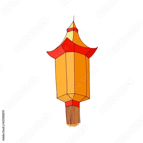 Street paper lantern with fringe. Chinese hanging lamp with candle inside. As...