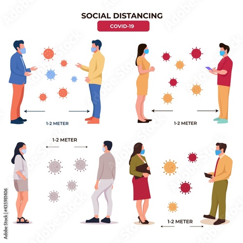 Social distancing, keep distance in public society people to protect from COVID-19 coronavirus outbreak spreading concept, businessman and woman keep distance away in the meeting with virus pathogens