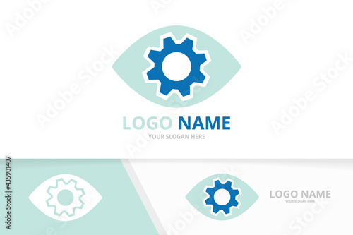 Vector eye and gear logo combination. Unique industrial vision logotype design template.