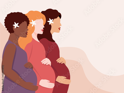Several young pregnant women stand in profile and hold their large bellies. The concept of motherhood, equality, and family. Vector graphics.