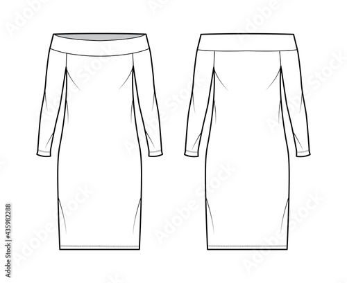 Dress off-the-shoulder Bardot technical fashion illustration with long sleeves, oversized body, knee length pencil skirt. Flat apparel front, back, white color style. Women, men unisex CAD mockup