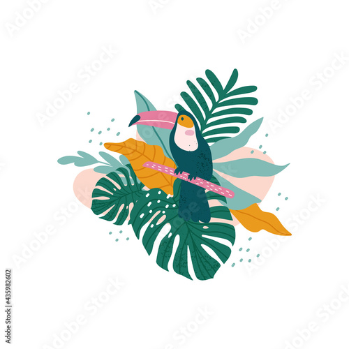 Toucan with tropical leaves, monstera, palm leaves, hibiscus, vector