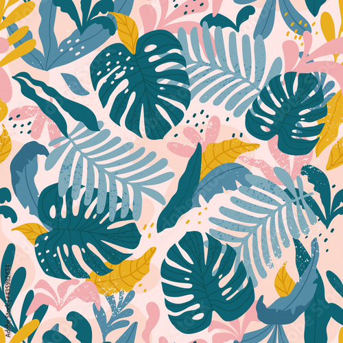 Tropical seamless pattern with monstera and exotic leaves. Vector