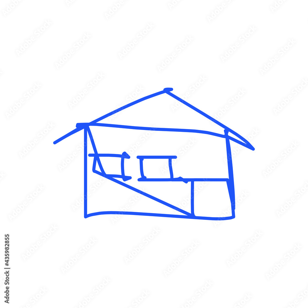 House icon of rough line art, one line, blue 04 House icon of rough line art, one line, blue 04