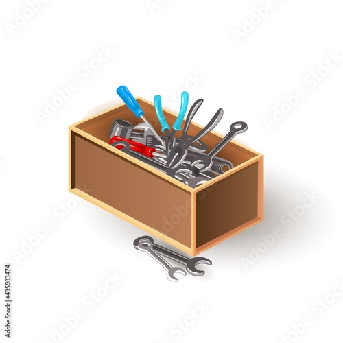 Cartoon equipment to repair house furniture, fix auto vehicle, carpentry works. Vector wrench, screwdriver, pliers. Idea of toolkit, mechanic toolbox isolated on white background