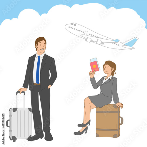 飛行機で海外出張に行く男女の日本人ビジネスパーソン