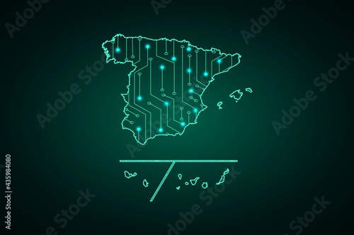 Map of Spain Provinces, network line, design sphere, dot and structure on dark background with Map Spain Provinces, Circuit board. Vector illustration. Eps 10