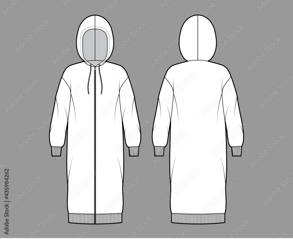 Dress zip-up hoody technical fashion illustration with long sleeves, rib cuff oversized body, knee length skirt. Flat apparel front, back, white color style. Women, men unisex CAD mockup Dress zip-up hoody technical fashion illustration with long sleeves, rib cuff oversized body, knee length skirt. Flat apparel front, back, white color style. Women, men unisex CAD mockup