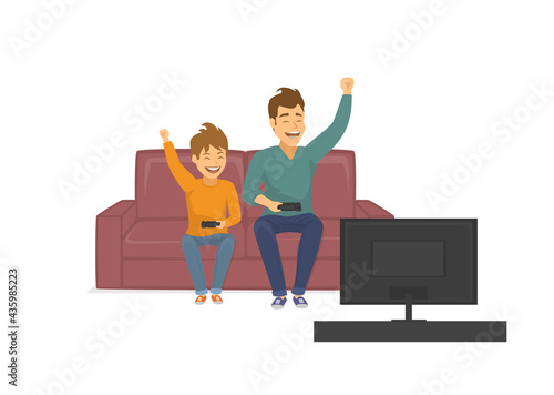 happy funny father and son playing video games on tv, sitting on sofa at home, fathers day fun vector illustration