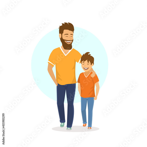 cheerful smiling laughing father and son walking together, talking
