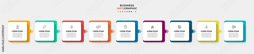 Fototapeta premium Vector Infographic design business template with icons and 9 options or steps. Can be used for process diagram, presentations, workflow layout, banner, flow chart, info graph