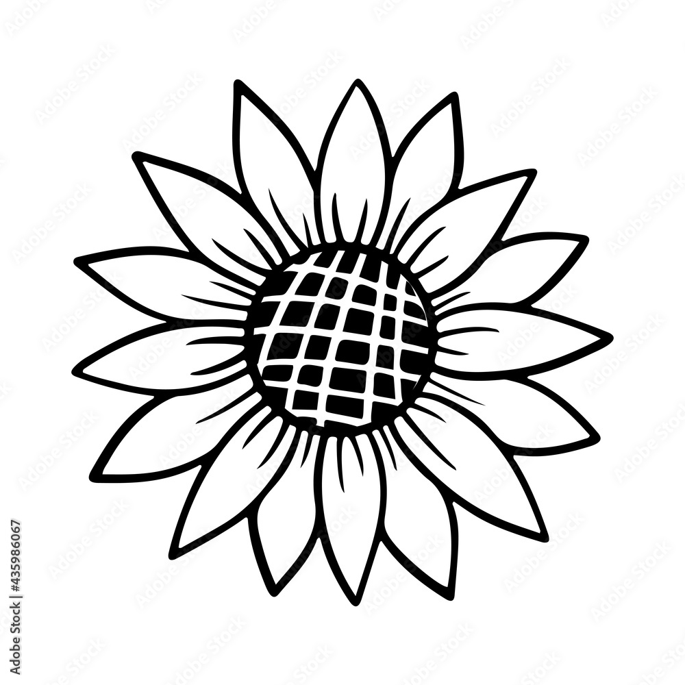 Sunflower simple icon. Flower silhouette vector illustration. Sunflower graphic logo, hand drawn icon for packaging, decor. Petals frame, black silhouette isolated on white background. Sunflower simple icon. Flower silhouette vector illustration. Sunflower graphic logo, hand drawn icon for packaging, decor. Petals frame, black silhouette isolated on white background.
