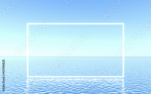 Neon frame on water, Studio scene for product presentation or text. 3d rendering