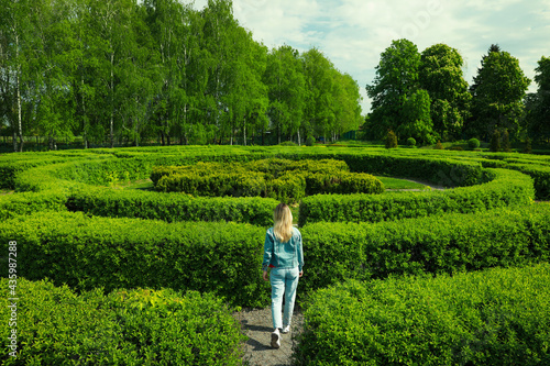 Young woman in hedge maze on sunny day, back view photo