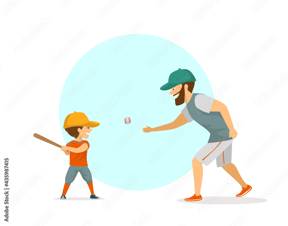 father and son, boy and man playing baseball scene vector illustration