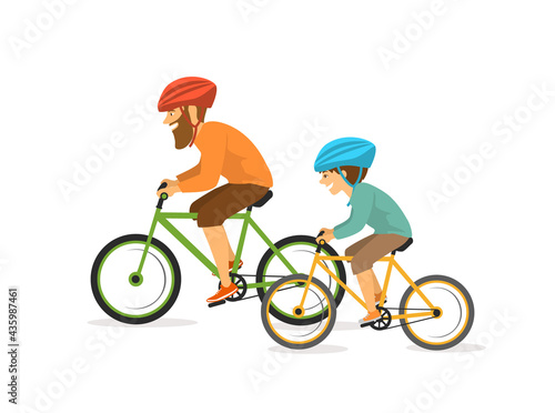 active cheerful father and son, man and boy cycling, riding bikes. happy active healthy family lifestyle isolated vector illustration scene