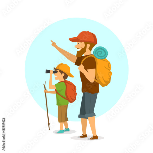 father and son outdoors, boy and man camping hiking traveling with backpacks isolated cartoon vector illustration scene