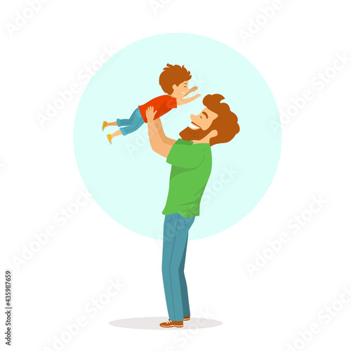 happy cheerful father and son playing, dad lifting up his boy in the air, isolated cute cartoon vector illustration, fathers day scene