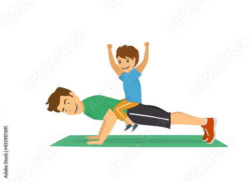 father and son having fun training together, happy cheerful dad doing push ups sport workout exercise with boy sitting on his back humor vector illustration