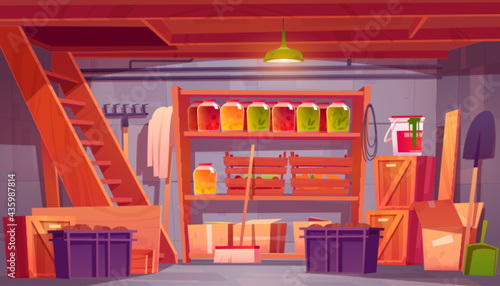 Storage room in house basement with food preserves on shelves, garden tools and boxes. Vector cartoon interior of storeroom in home cellar with wooden stairs and crates with vegetables