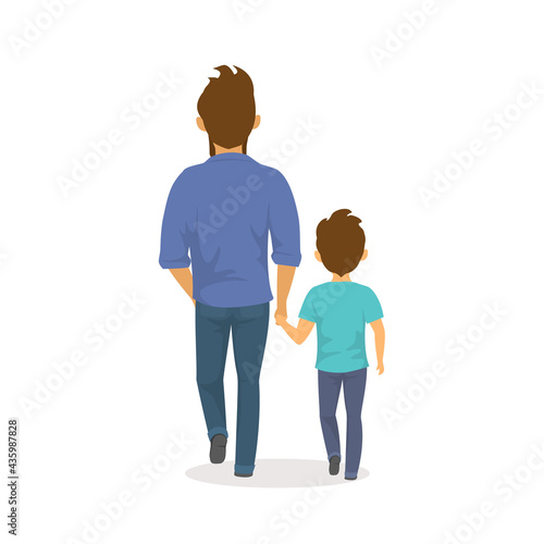 father and son walking together holding hands,happy  fathers day backside view isolated vector illustration scene