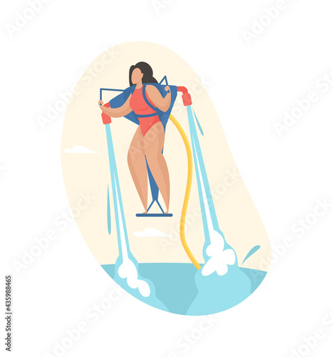Girl takes off water pack. Fun extreme attraction with powerful water jets. Tourist in swimsuit soars happily on sea. Summer adventure in motion with jet pump. Vector flat illustration isolated