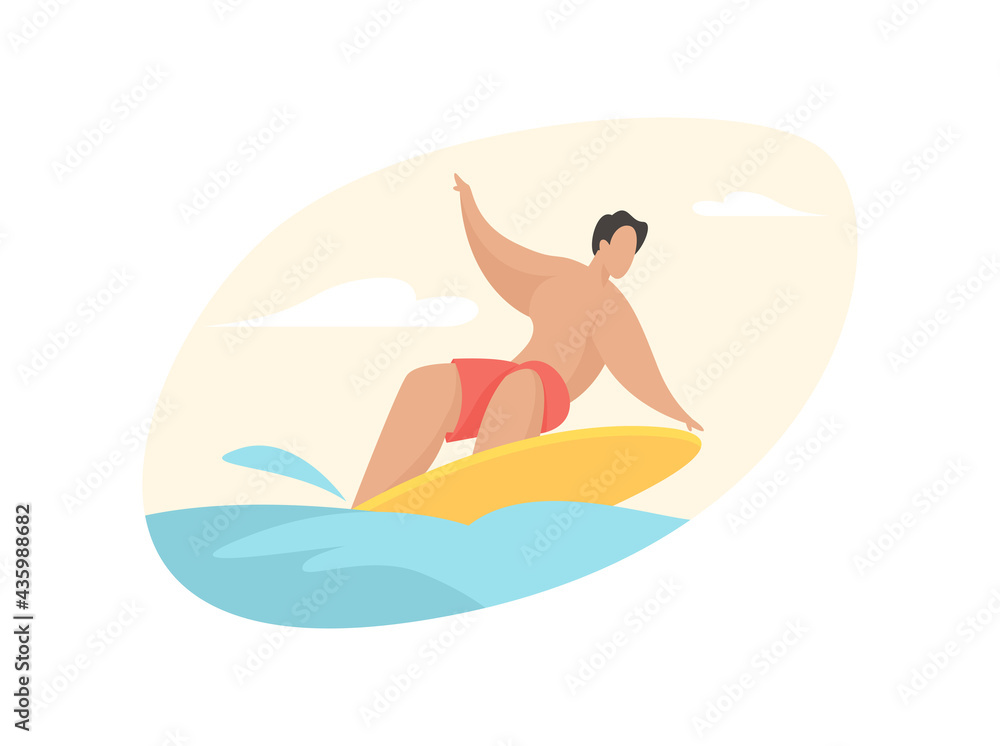 Surfer catches wave. Active rest with extreme water jumping. Guy on board deftly maneuvers between waves sea. Outdoor sports and tourist entertainment. Vector flat illustration isolated Surfer catches wave. Active rest with extreme water jumping. Guy on board deftly maneuvers between waves sea. Outdoor sports and tourist entertainment. Vector flat illustration isolated