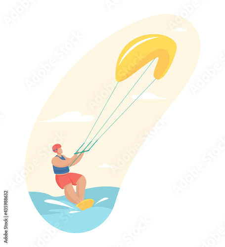 Fascinating kitesurfing. Male character in helmet board rushes through waves holding parachute. Extreme sports with adrenaline jumps. Fun outdoor freestyle. Vector flat illustration isolated