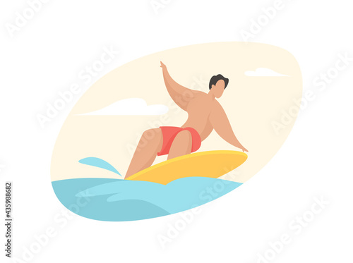 Surfer catches wave. Active rest with extreme water jumping. Guy on board deftly maneuvers between waves sea. Outdoor sports and tourist entertainment. Vector flat illustration isolated