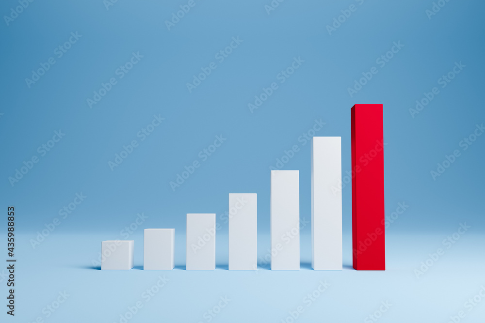Growing bars graphic white on a blue background. 3d render. Progress and forward creative concept. Growing bars graphic white on a blue background. 3d render. Progress and forward creative concept.