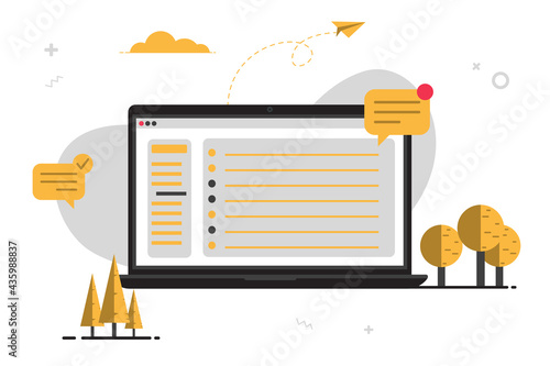 Email notification on a laptop computer with an illustrated display of the concept of an e-mail message or new e-mail.