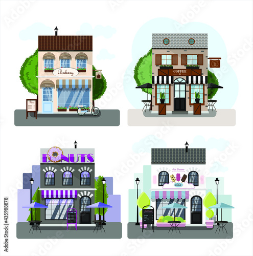 Fototapeta Naklejka Na Ścianę i Meble -  A set of vector stores, restaurants and cafes. Two-story donuts cafe, coffee house, ice-cream cafe and bakery. Flat design of facades. Facade of an ice cream parlor with a summer outdoor terrace. Illu