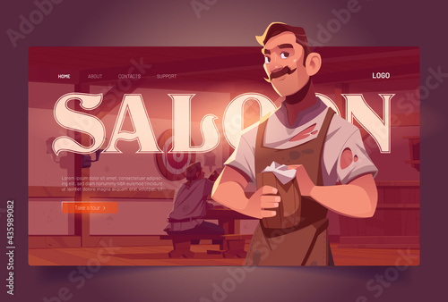 Saloon cartoon landing page, old style tavern interior with barista holding wooden tankard and visitor dining. Invitation to retro beer pub, antique bar with desk, benches and tables vector web banner