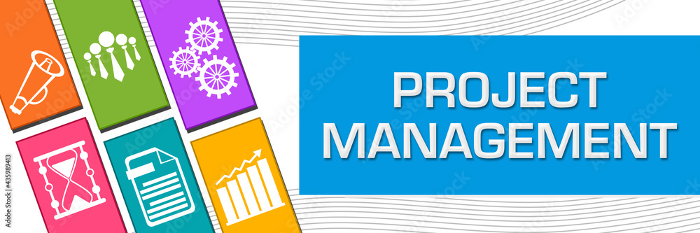 Project Management Blue Colorful Business Symbols Left Boxes Project Management Blue Colorful Business Symbols Left Boxes