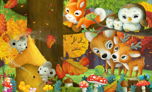 cartoon scene forest animals friends having fun