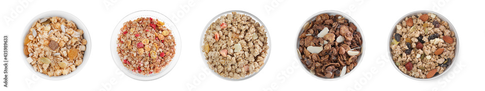 Set with different delicious granola in bowls on white background, top view. Banner design Set with different delicious granola in bowls on white background, top view. Banner design