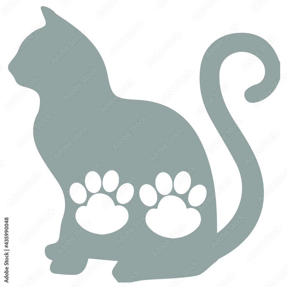 Obraz premium The contour image of a gray cat on a white background with the placement of white paw prints on the animal's body