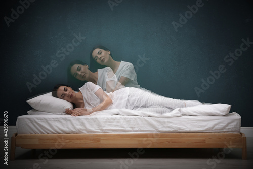 Quadro su tela Somnambulist rising from bed near green wall indoors, multiple exposure