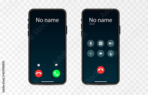 Vector phone screen mockup. Phone call, call interface. Mock up phone, smartphone on an isolated background. PNG.
